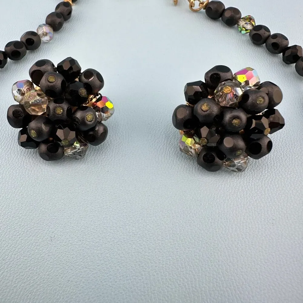 Vintage Laguna Necklace Earrings Set Matte Black AB Faceted Glass Bead Cluster